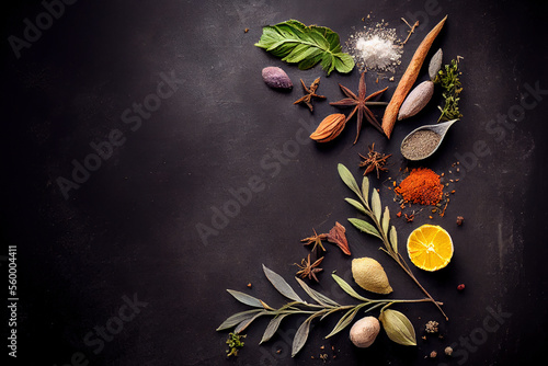 Indian herbs and spices with copy space, Generative AI