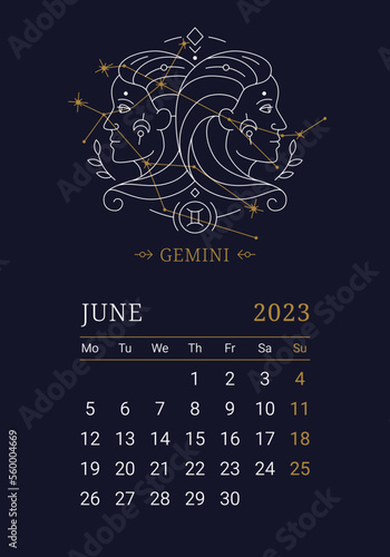 2023 Astrology wall monthly calendar with Gemini zodiac sign. Vertical june calendar template with zodiac constellation and stars on blue sky, week starts on Sunday thin line vector illustration