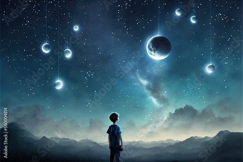The boy stands among the hanging glowing balls in the form of the moon, fairy tale dream illustration