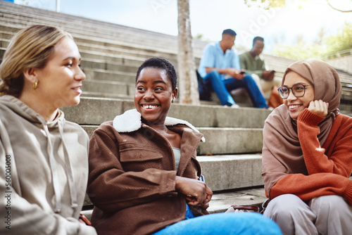 Obraz na plátně Happy women, diversity or talking on university stairs, school steps or college campus in bonding class break