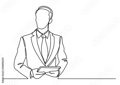 continuous line drawing businessman with tablet - PNG image with transparent background © OneLineStock