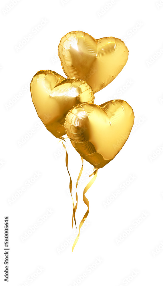 Flying golden heart shaped air balloons. Isolated on white background - obrazy, fototapety, plakaty 