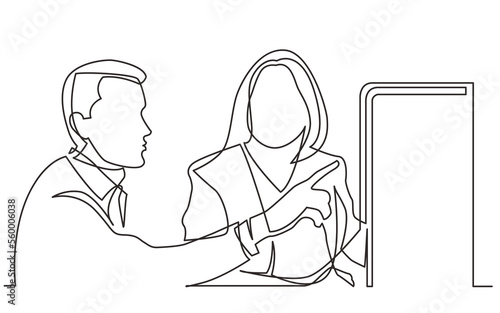 continuous line drawing two office worker discussing showing on display - PNG image with transparent background