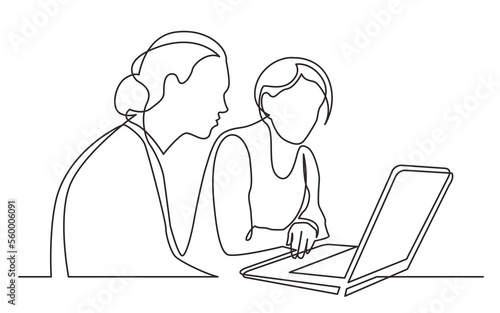 continuous line drawing two women sitting watching laptop computer - PNG image with transparent background © OneLineStock
