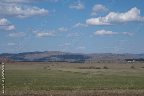 Beautiful early spring landscape with blue sky and white clouds. Pastures, rustic meadow spring landscape. world environment day concept, nature background
