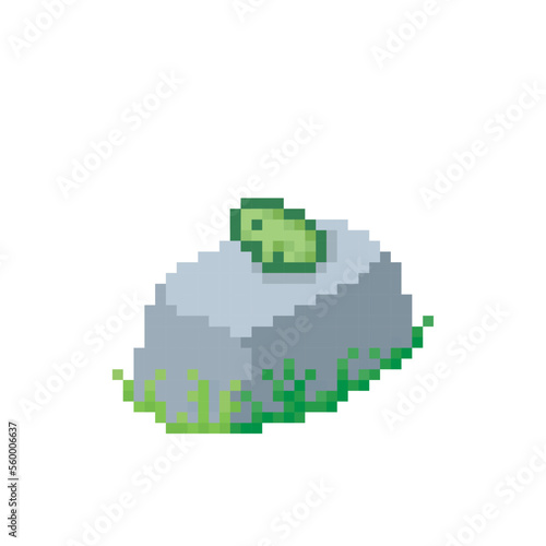 Thoughtful frog sitting on a stone, pixel art meme