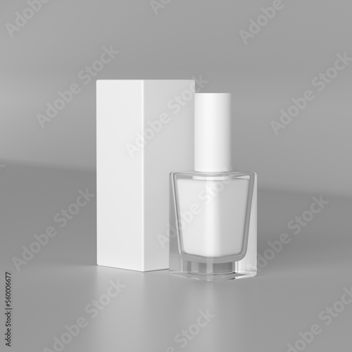 3d rendering of empty white bottle of nail polish and white box mockup to show package design