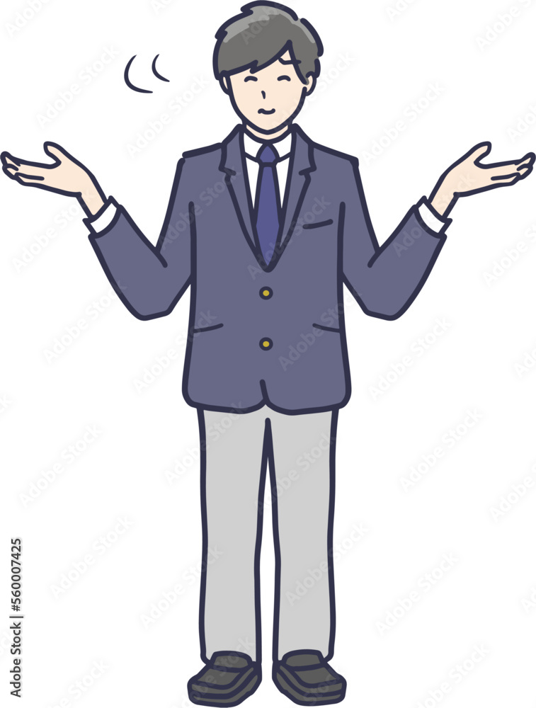 お手上げのジェスチャーをする 制服姿の男子学生 全身イラスト お手上げのジェスチャーをする 制服姿の男子学生 全身イラスト