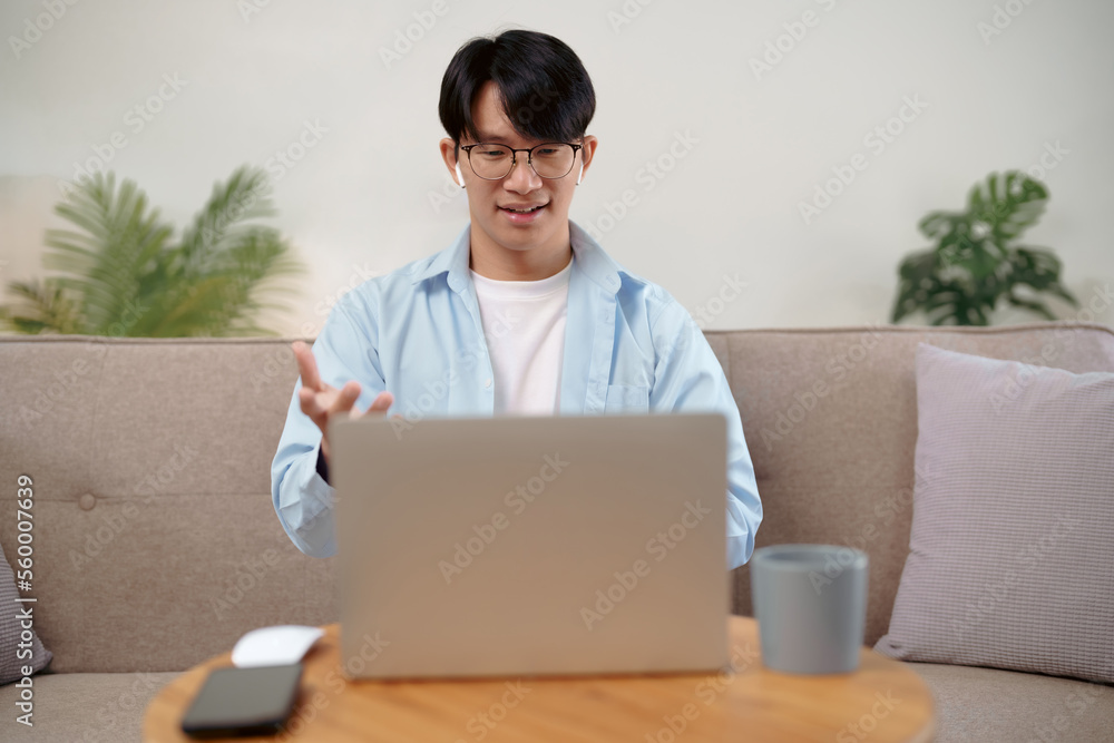 business man speak conference on laptop in video call people smart working from home. business man speak conference on laptop in video call people smart working from home.