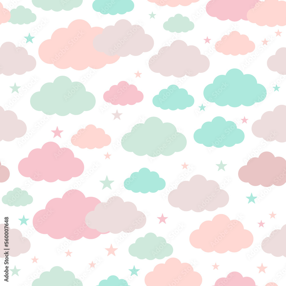 Clouds and stars in pastel colors seamless patterns