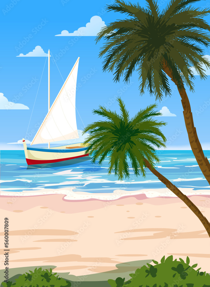 Poster Travel, Tropical seascape, beach, palms, sailboat, poster, seaside view landscape. Vintage style