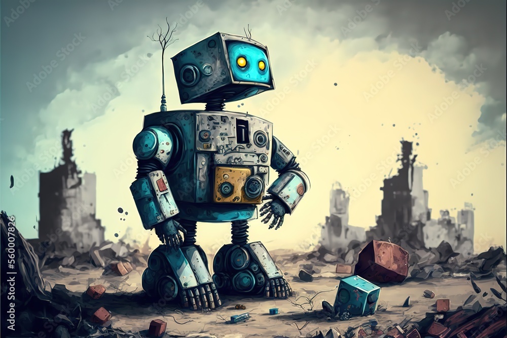 The robot walks around the destroyed city, only robots survived Stock  Illustration | Adobe Stock