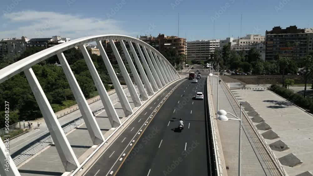 Drone Flying Over Bridge in Valencia, Spain Drone Flying Over Bridge in Valencia, Spain