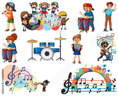 Kids musical instruments and music symbols set