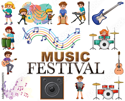 Kids musical instruments and music symbols set