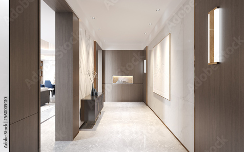 Interior modern style hallway decorated with wood and marble. 3D illustration