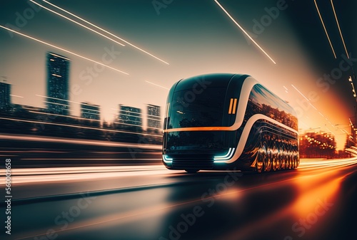 hi-tech future car with light trail and speed blur cityscape background