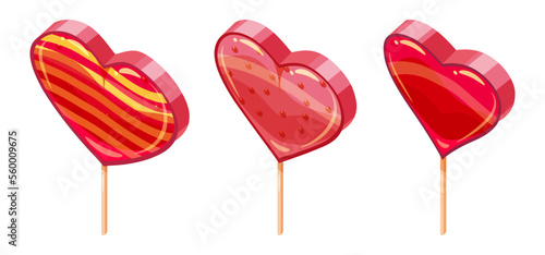 Set of Candy Sugar Heart Lollypops Isometric. Sweet food icon cartoon style