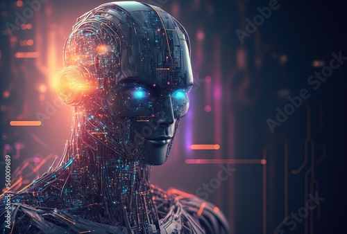 illustration of a futuristic robot with cybermatic system design character with glow light, idea concept for Artificial Intelligent , the future and development of Ai