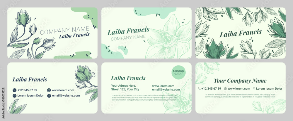 Template business card design set with magnolia