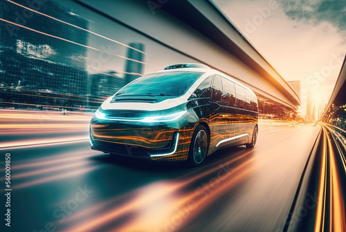 hi-tech future car with light trail and speed blur cityscape background 