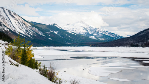 Snow and ice covered Medicine Lake in Jasper National Park, Canadian Rockies. Canada.