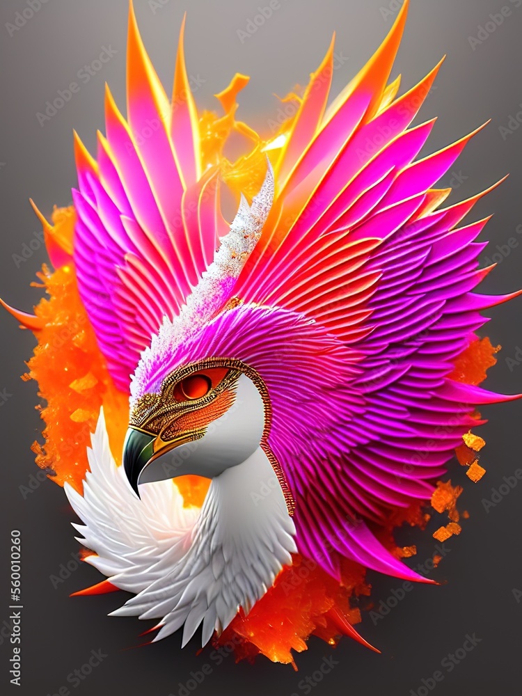 Obraz premium white phoenix salt crytals orange pink salt crystals sharp broken glass phoenix god head simple background