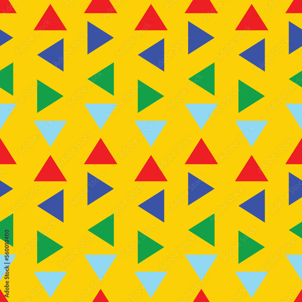 colorful triangle abstract shapes in seamless pattern on yellow backgroud, gift wrapping paper, infinite point, clothes, shirts, dresses, paper, gift, white background, Vector background. colorful triangle abstract shapes in seamless pattern on yellow backgroud, gift wrapping paper, infinite point, clothes, shirts, dresses, paper, gift, white background, Vector background.