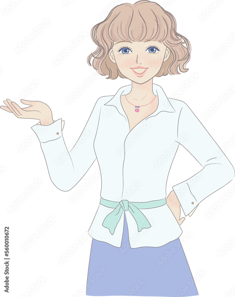 Girl with Short Curly Hair Holding Out Hand for Presentation Girl with Short Curly Hair Holding Out Hand for Presentation