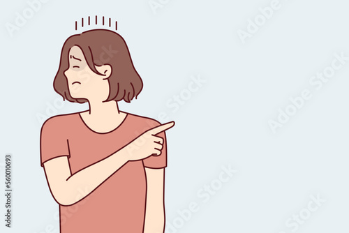 offended woman turns away and closing eyes points finger to side after quarrel or insults. Depressed girl in casual t-shirt is sad after job loss or lack of career growth. Flat vector illustration