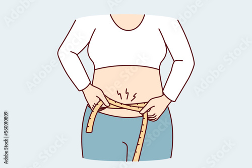 Woman wants to lose extra pounds measures waist size to track result of training. Hands girl with measuring tape to monitor progress after new diet designed to get rid excess weight. Flat vector image