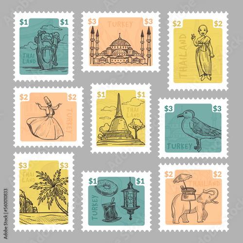 Colorful post stamp set with thailand, turkey
