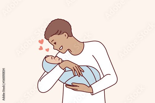 Loving man holds baby in arms and smiles enjoy communication with own son. Young positive father with short hair is happy to see newborn tot wrapped in blanket. Flat vector illustration