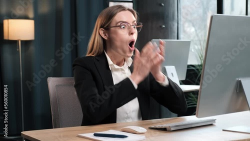Wallpaper Mural Overjoyed happy businesswoman in glasses winner looking at pc computer excited by great professional work result success, motivated office worker receive good news online win opportunity get promoted. Torontodigital.ca