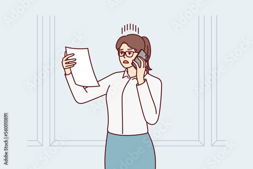 Discouraged woman with phone reading document and nervous about telling interlocutor about problems have arisen. Shocked businesswoman reading court notice or letter from partners. Flat vector image