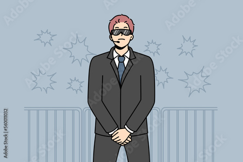 Male security in black suit and sunglasses at concert. Man guard in front of crowd at performance on stage. Vector illustration. 