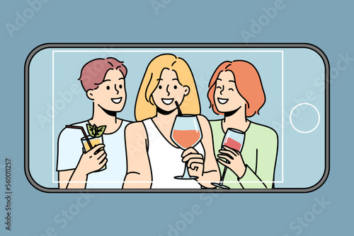 Happy diverse people drink cocktails make selfie on cellphone. Smiling friends enjoy celebration take self-portrait picture on smartphone. Vector illustration. 