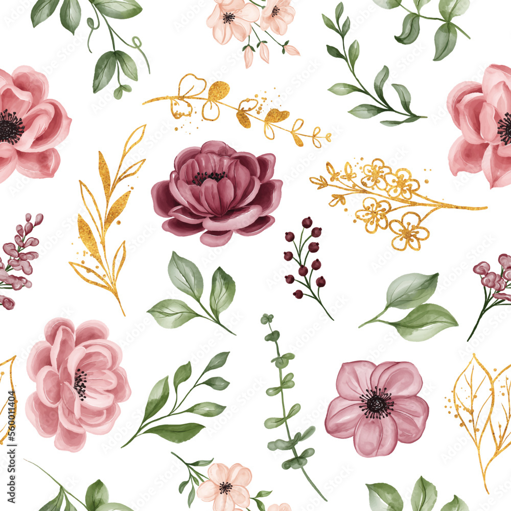 seamless pattern with flower pink maroon and leaves,   flower pattern for wallpaper, background or fabric textile.