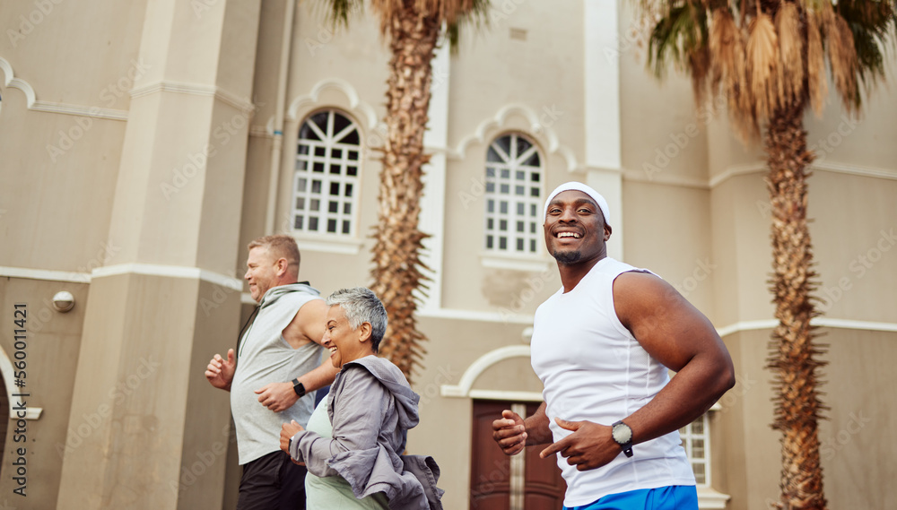 City, fitness or people running in a marathon race, sports exercise or cardio workout outdoors. Motivation, healthy runners or happy black man training with senior woman for targets or body goals City, fitness or people running in a marathon race, sports exercise or cardio workout outdoors. Motivation, healthy runners or happy black man training with senior woman for targets or body goals