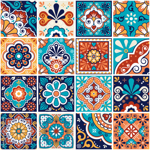 Mexican talavera tiles big collection, decorative seamless vector pattern set with flowers, leaves ans swirls in turquoise green and orange
