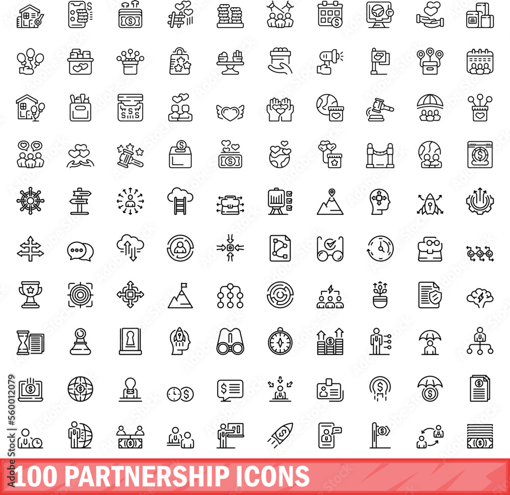 100 partnership icons set. Outline illustration of 100 partnership icons vector set isolated on white background 100 partnership icons set. Outline illustration of 100 partnership icons vector set isolated on white background