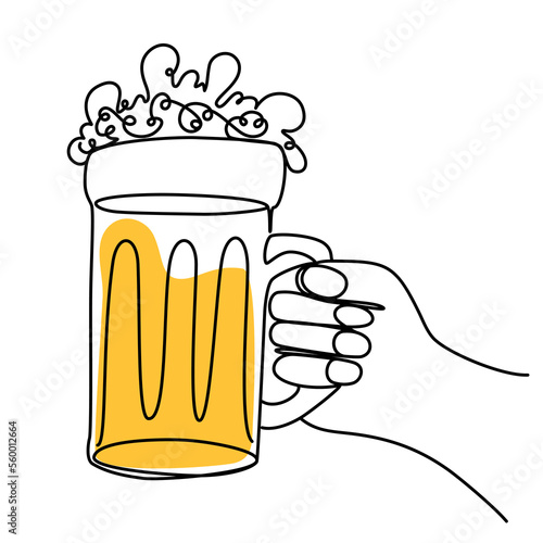 Hand holding a mug of beer. Craft drink alcohol ale in simple linear style for bar and pub concept for menu. Oktoberfest equipment. Continuous one line drawing of beer glass with foam. Vector 
