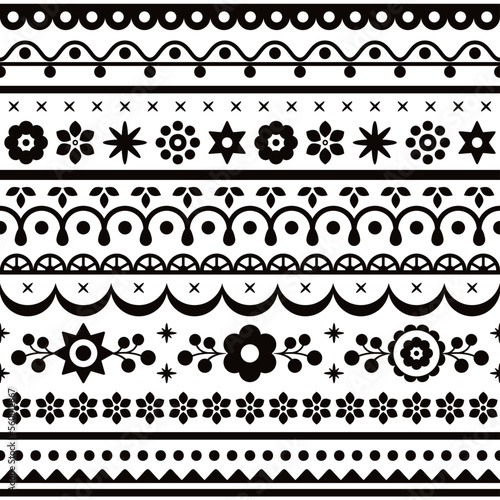 Polish floral folk art vector seamless textile pattern collections with flowers inspired by traditional highlanders embroidery Lachy Sadeckie in black and white
	