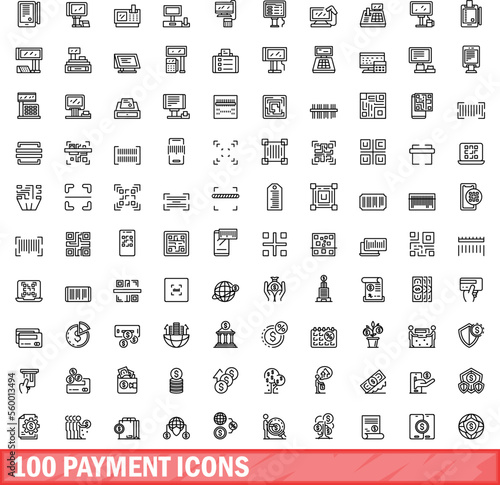100 payment icons set. Outline illustration of 100 payment icons vector set isolated on white background