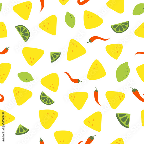 Vector seamless pattern of traditional Mexican food. National street fast food. Nachos, chili pepper and lime