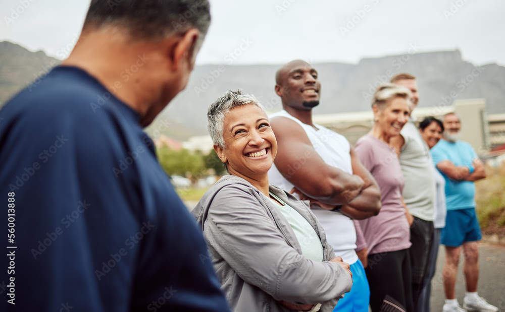 Happy, fitness or senior friends start running exercise, cardio workout or sports training outdoors. Team building, funny runners or healthy mature people with body goals talking, bonding or laughing