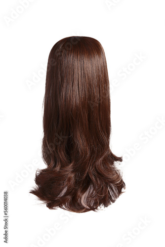 Close-up shot of a women's brown wig. Female long brown straight hair with curls is isolated on a white background. Back view.