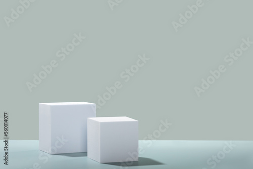 Abstract empty white podiums cubes with eucalyptus leaves on blue background