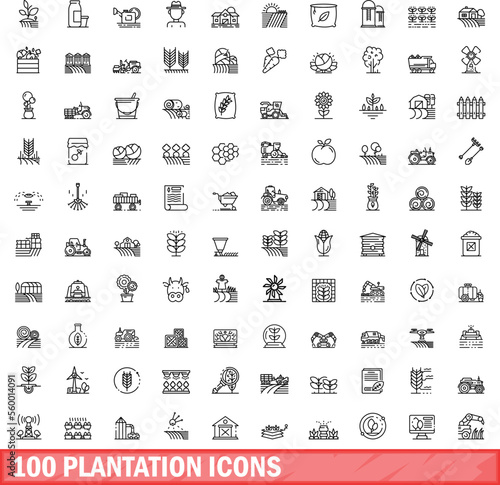 100 plantation icons set. Outline illustration of 100 plantation icons vector set isolated on white background