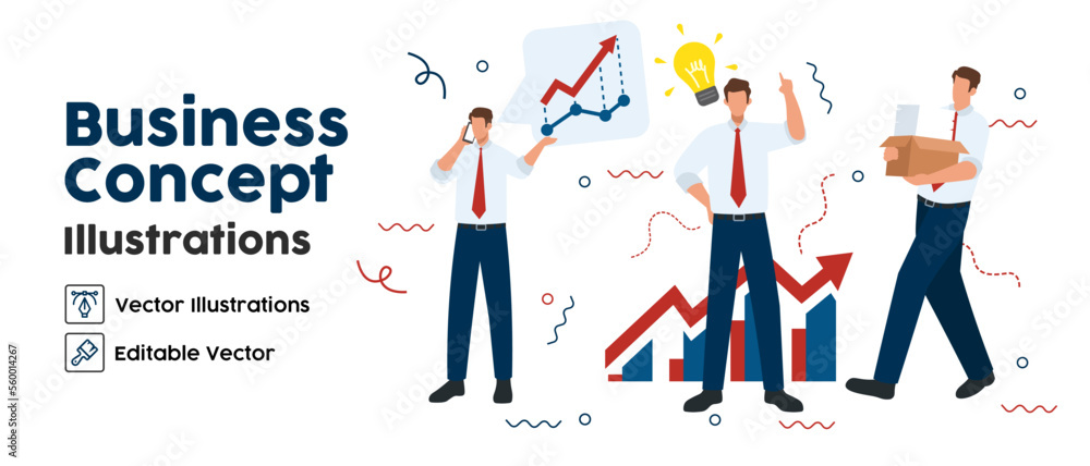 Business Concept illustrations. set Collection of scenes with men taking part in workaholic business activities. Vector illustration Business Concept illustrations. set Collection of scenes with men taking part in workaholic business activities. Vector illustration